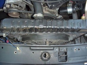 Looking down on the radiator - shows volvo fan mounted on radiator.