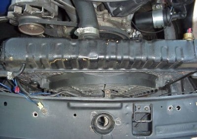 Looking down on the radiator - shows volvo fan mounted on radiator.